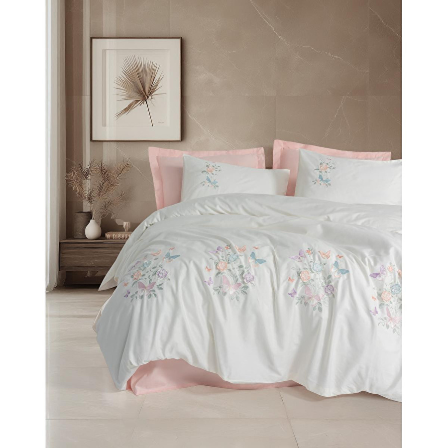 Cotton Box 3d Nakışlı Saten Çift Kişilik Nevresim Takımı Liva Pudra