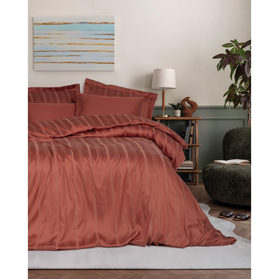 Cotton Box Smart Bambu Saten Çift Kişilik Nevresim Takımı Stripe Kiremit