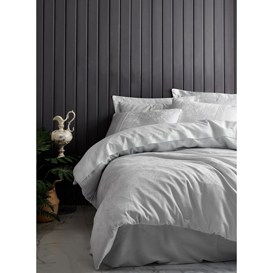 Cotton Box Jakarlı Saten Çift Kişilik Nevresim Takımı Leaf Buz Mavi