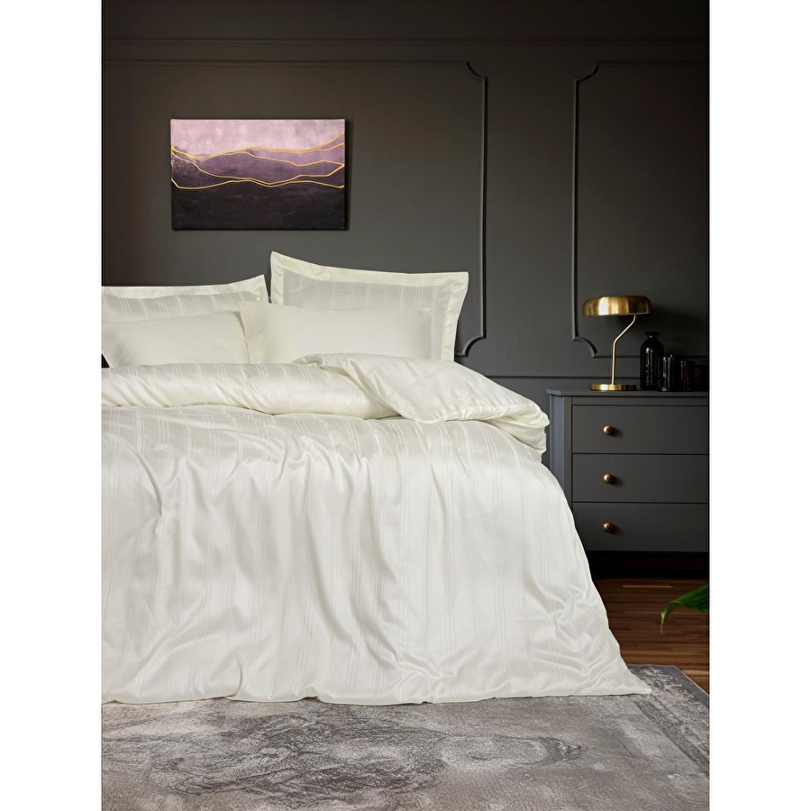 Cotton Box Smart Bambu Saten Çift Kişilik Nevresim Takımı Stripe Ekru