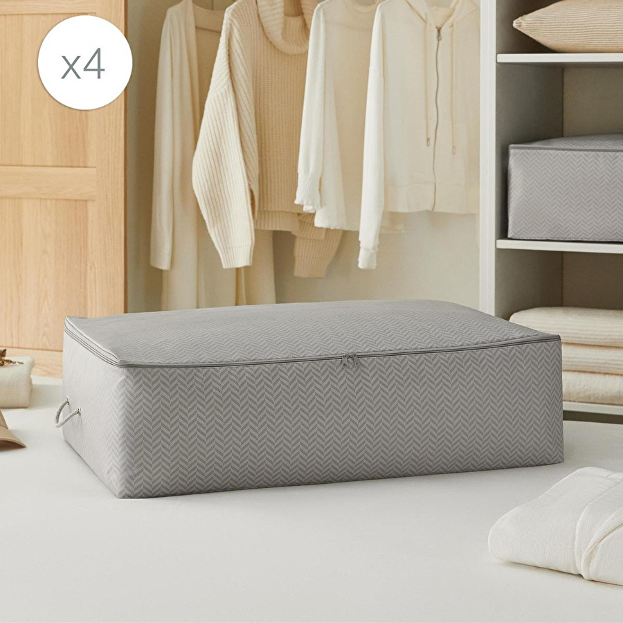 Ocean Home Textile 4'lü Mega Boy Gri Balıksırtı Baza Altı Hurç Set 74 X 46 X 22 Cm