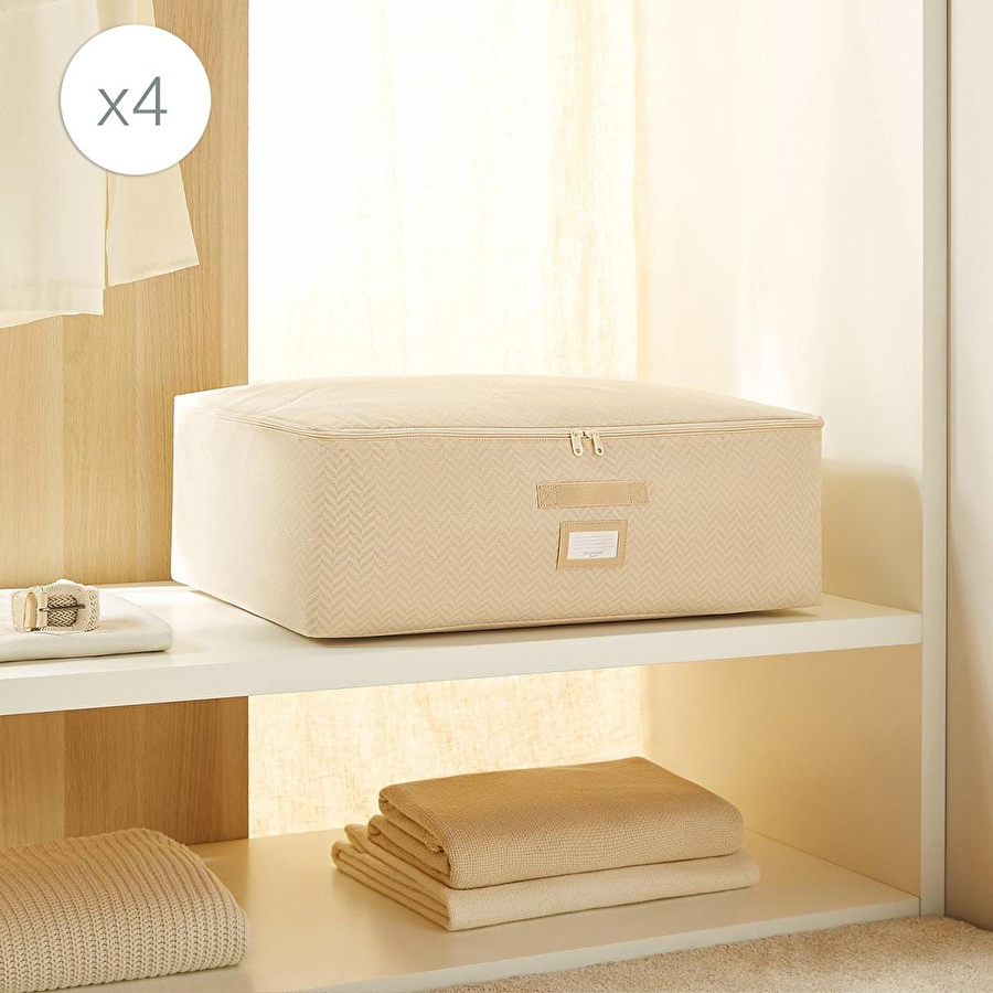 Ocean Home Textile 4'lü Büyük Boy Bej Balıksırtı Baza Altı Hurç Set 62 X 46 X 22 Cm