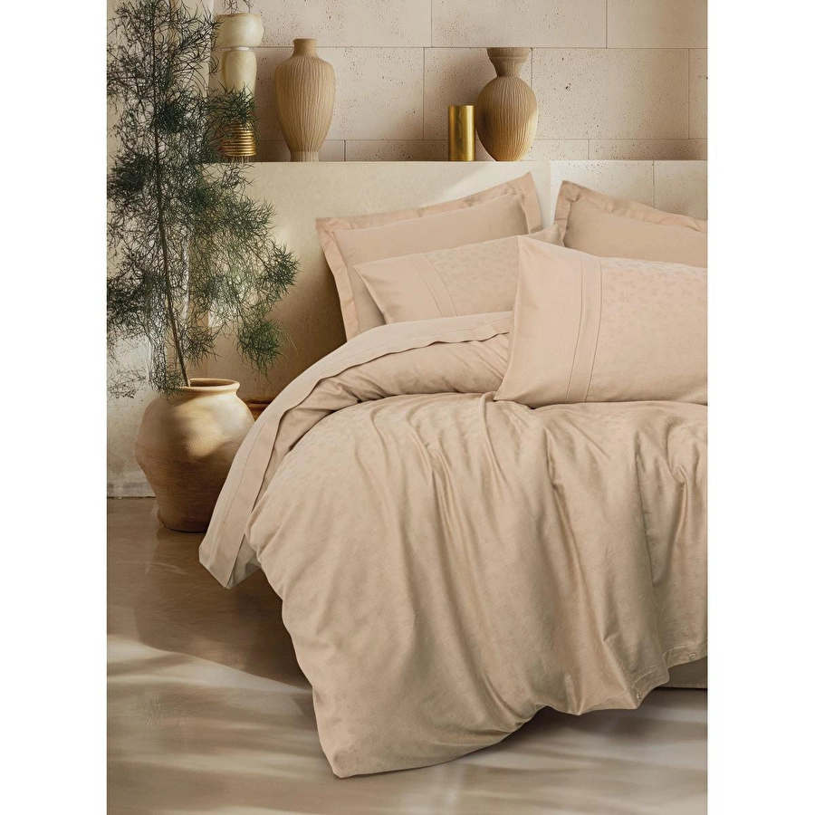 Cotton Box Jakarlı Saten Çift Kişilik Nevresim Takımı Florita Bej