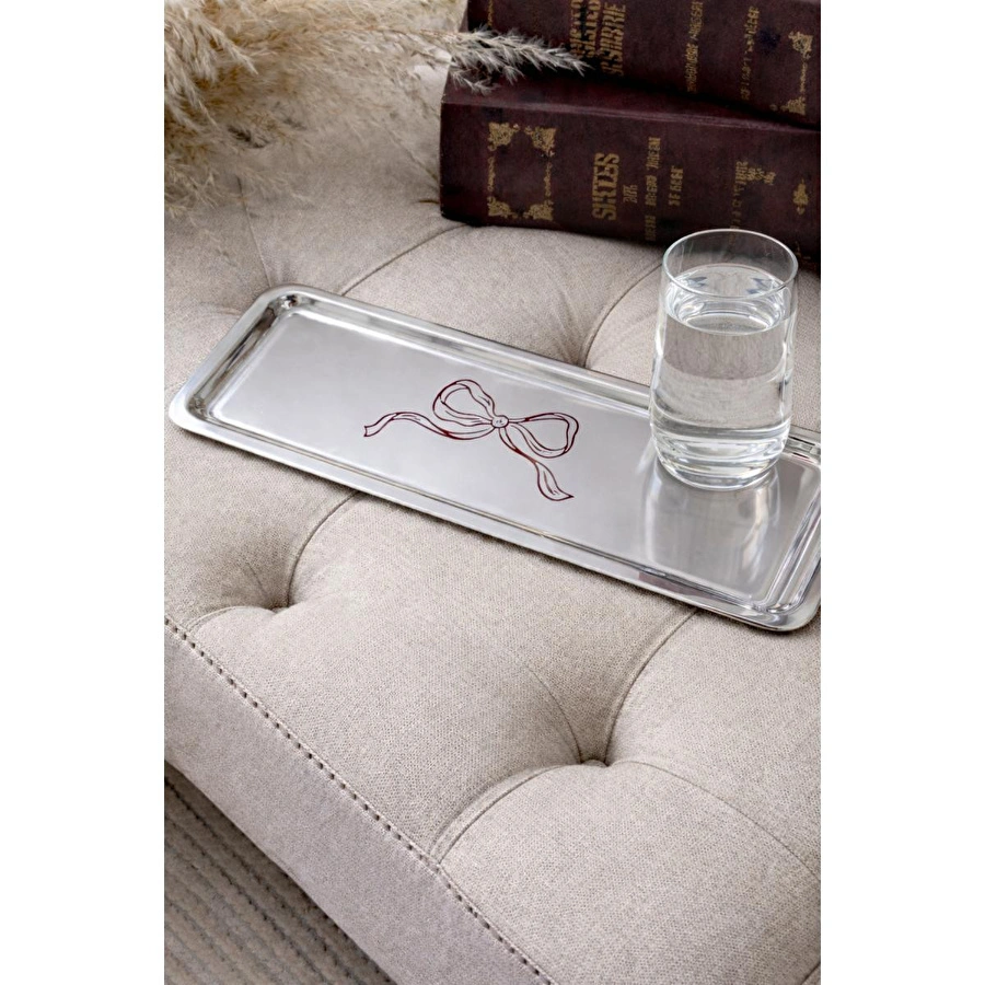 Beige & Stone Fiyonk Desenli Dikdörtgen Paslanmaz Çelik Kahve Çay Söz Nişan Sunum Ve Dekoratif Tepsi