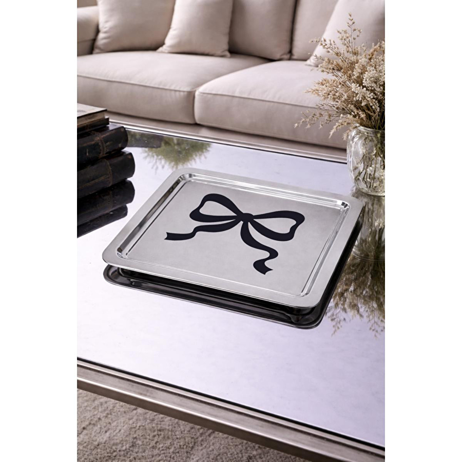 Beige & Stone Siyah Fiyonk Desenli Kare Paslanmaz Çelik Kahve Çay Söz Nişan Sunum Ve Dekoratif Tepsi