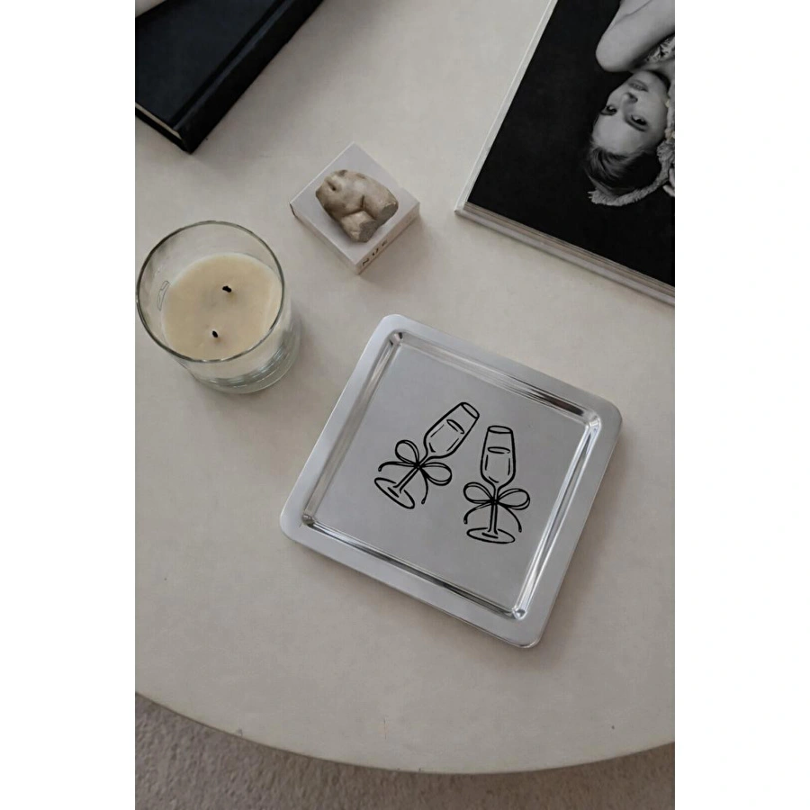 Beige & Stone Kadeh Desenli Kare Paslanmaz Çelik Çelik Çay Söz Nişan Sunum Ve Dekoratif Tepsi