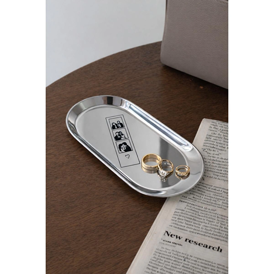 Beige & Stone Love Story Desenli Gümüş Paslanmaz Çelik Tepsi Takılık, Sunum Düzenleyici Sevgililer Günü Hediyesi