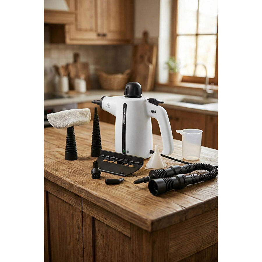 Premier PSC 138 Portatif 4 Bar Basınçlı Buharlı Temizleyici 1050w Yüksek Güç Ve Zengin Aksesuar Seti Beyaz Renk