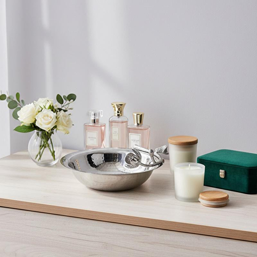 Cornella Floral Dekoratif Kase Silver Çap:22 Cm X Boy:9 Cm