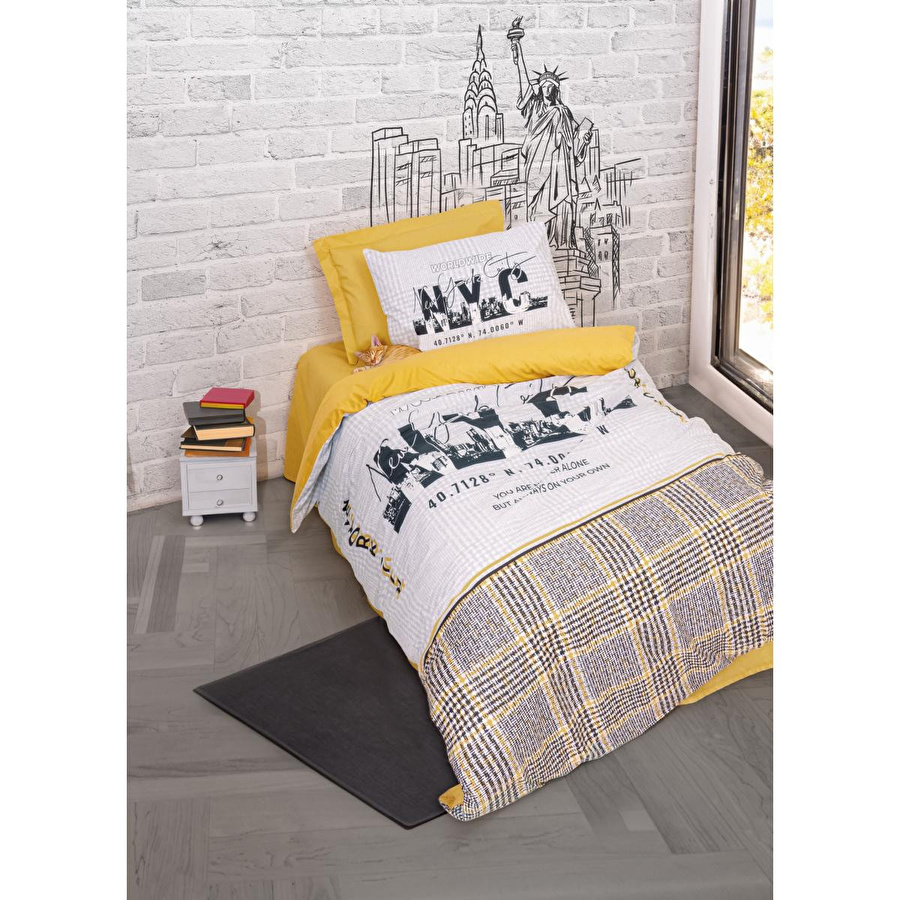 Cotton Box Genç Odası Tek Kişilik Lastikli Çarşaflı Nevresim Takımı Worldwide Hardal