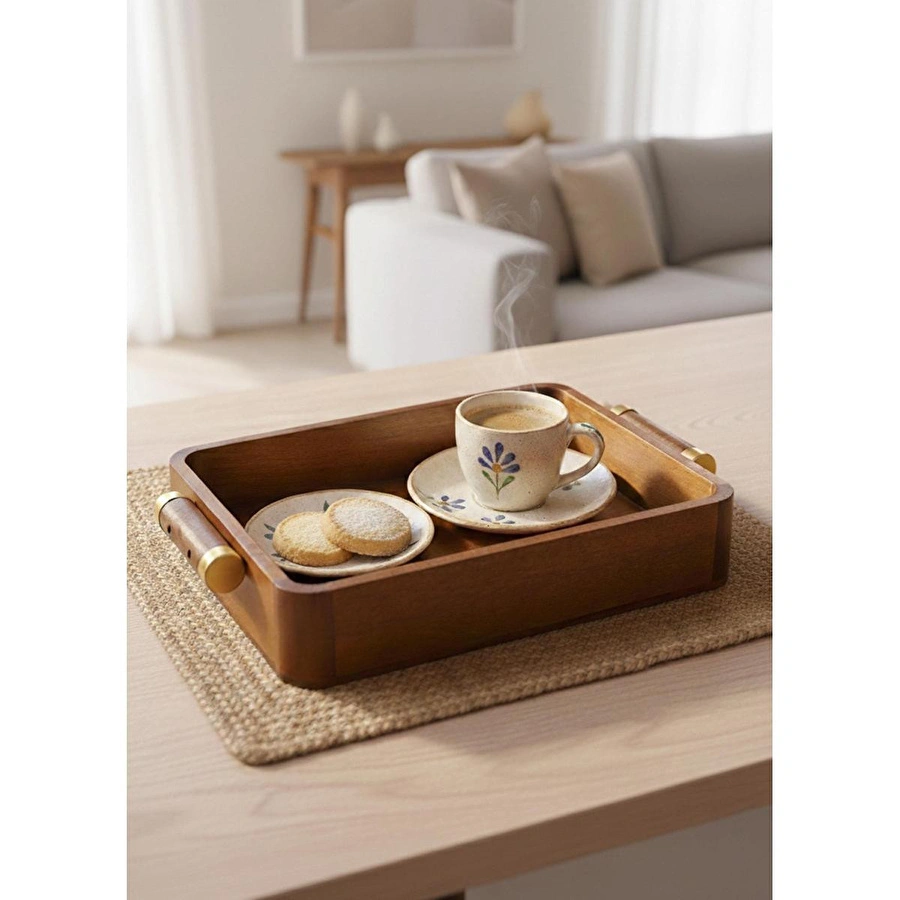 The Mia Natura Akasya Metal Kulplu Tepsi Gold 35x23x6 Cm