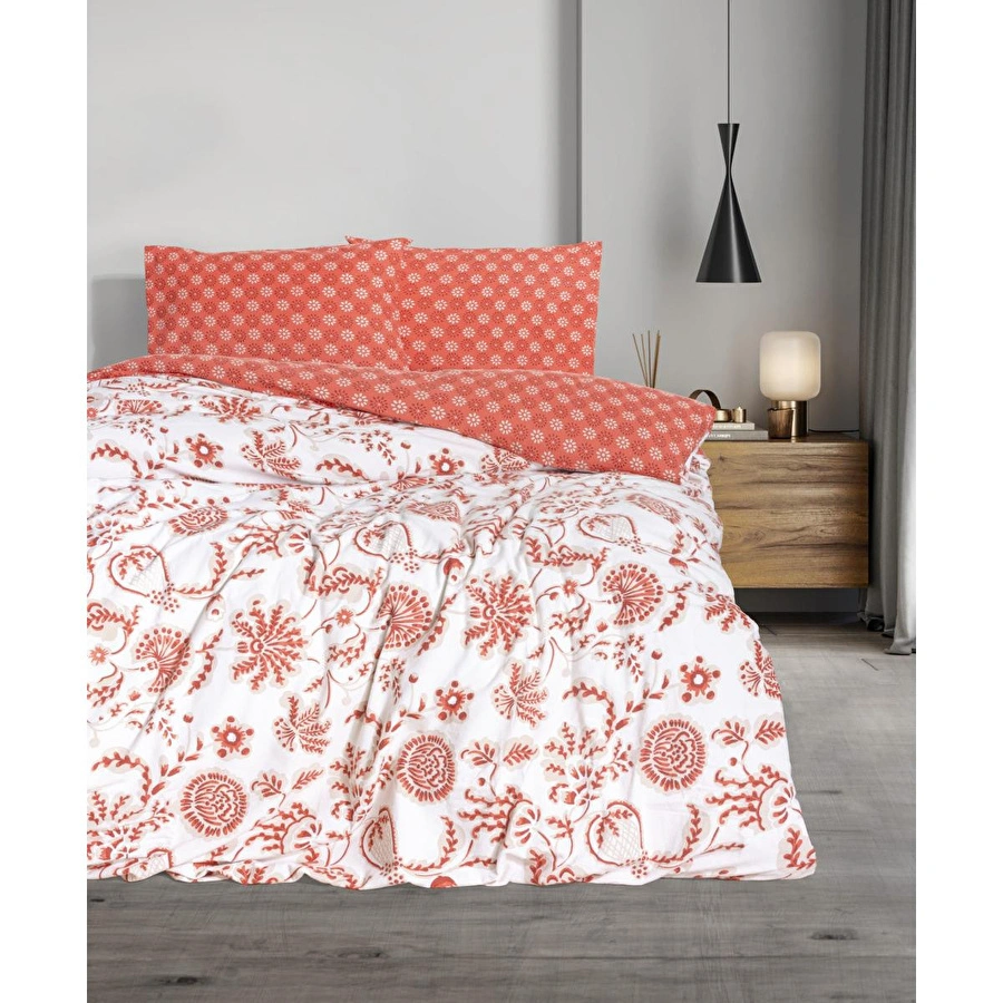 Cotton Box Flanel Çift Kişilik Nevresim Takımı Flowerland Kırmızı