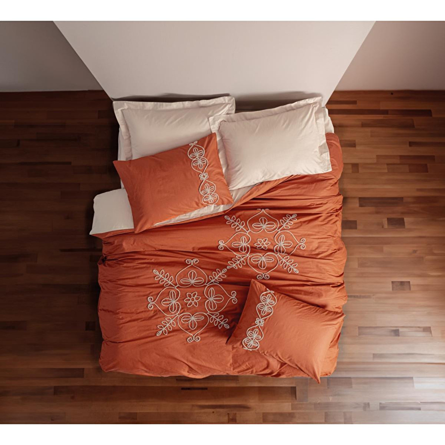 Cotton Box Nakışlı Ranforce Çift Kişilik Nevresim Takımı Tiva Bej