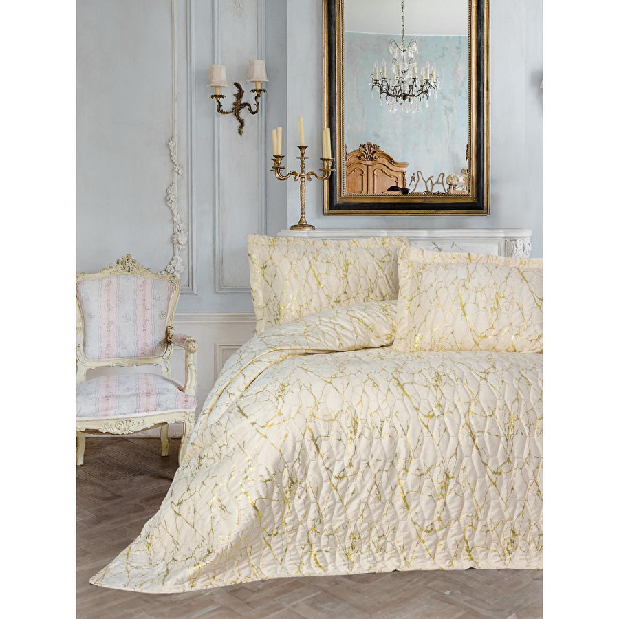 Cotton Box Smart Tek Kişilik Yatak Örtüsü Kadife Varaklı Destello Krem