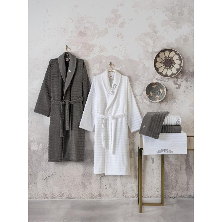 Cotton Box Seta Aile Bornoz Seti Genny Beyaz-antrasit