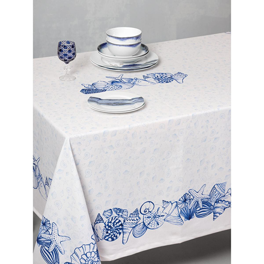 Cotton Box Pano Baskılı Masa Örtüsü Cowry Mavi 170x170