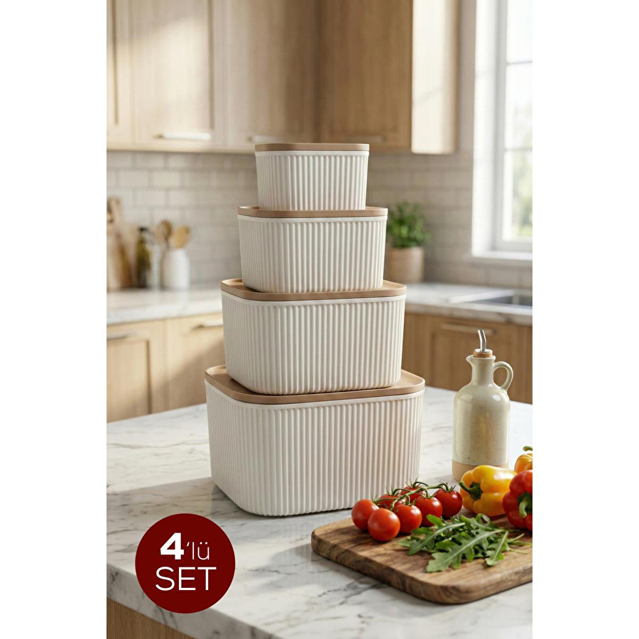 Vienev 4'lü Çizgili Kare Saklama Kabı Seti Bej - Mikrodalga Ve Derin Dondurucu Uyumlu