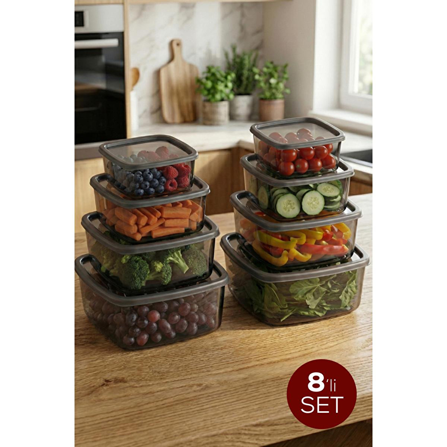 Vienev 8'li Kare Hava Geçirmez Saklama Kabı Antrasit (1,4 Lt - 850 Ml - 500 Ml - 270 Ml)