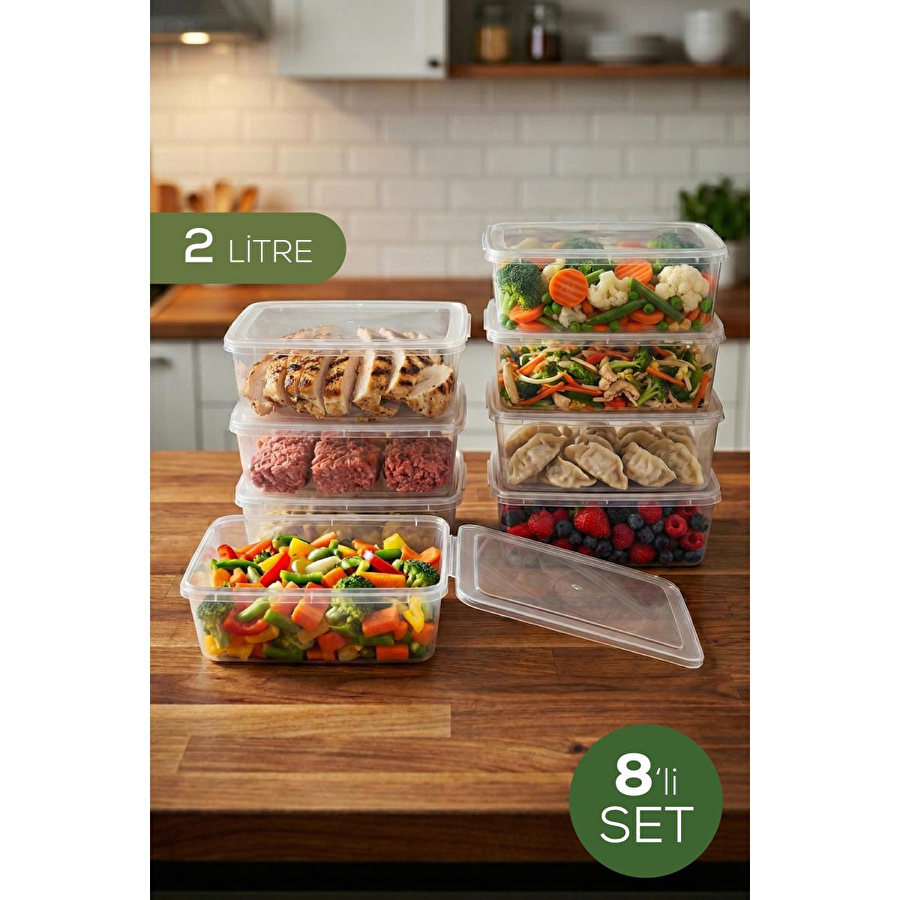 Vienev 8'li 2 Lt Sabit Kapaklı Şeffaf Saklama Kabı Seti - Dikdörtgen Bakliyat Erzak Düzenleyici Kutu