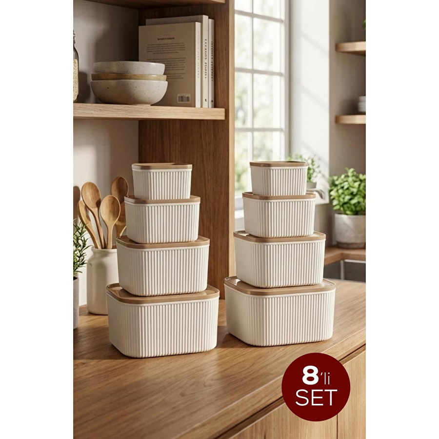 Vienev 8'li Çizgili Kare Saklama Kabı Seti Bej - Mikrodalga Ve Derin Dondurucu Uyumlu
