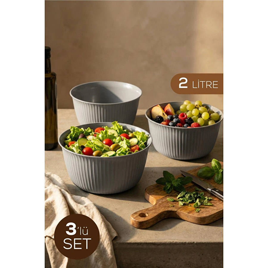 Vienev 3'lü 2 Litre Plastik Karıştırma Ve Saklama Kase Seti Gri