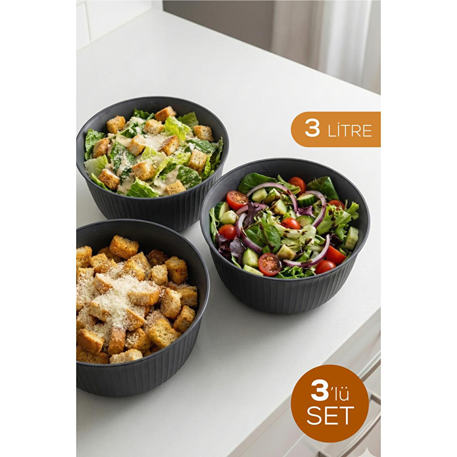 Vienev 3'lü 3 Litre Plastik Karıştırma Ve Saklama Kase Seti Antrasit