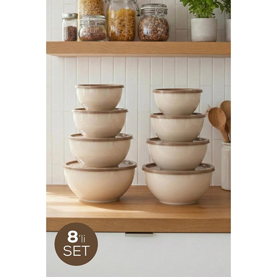 Vienev 8'li Yuvarlak Kase Seti Bej | 1l, 1.5l, 2.3l, 3.3l | Kapaklı Çok Amaçlı Mutfak Saklama Kabı