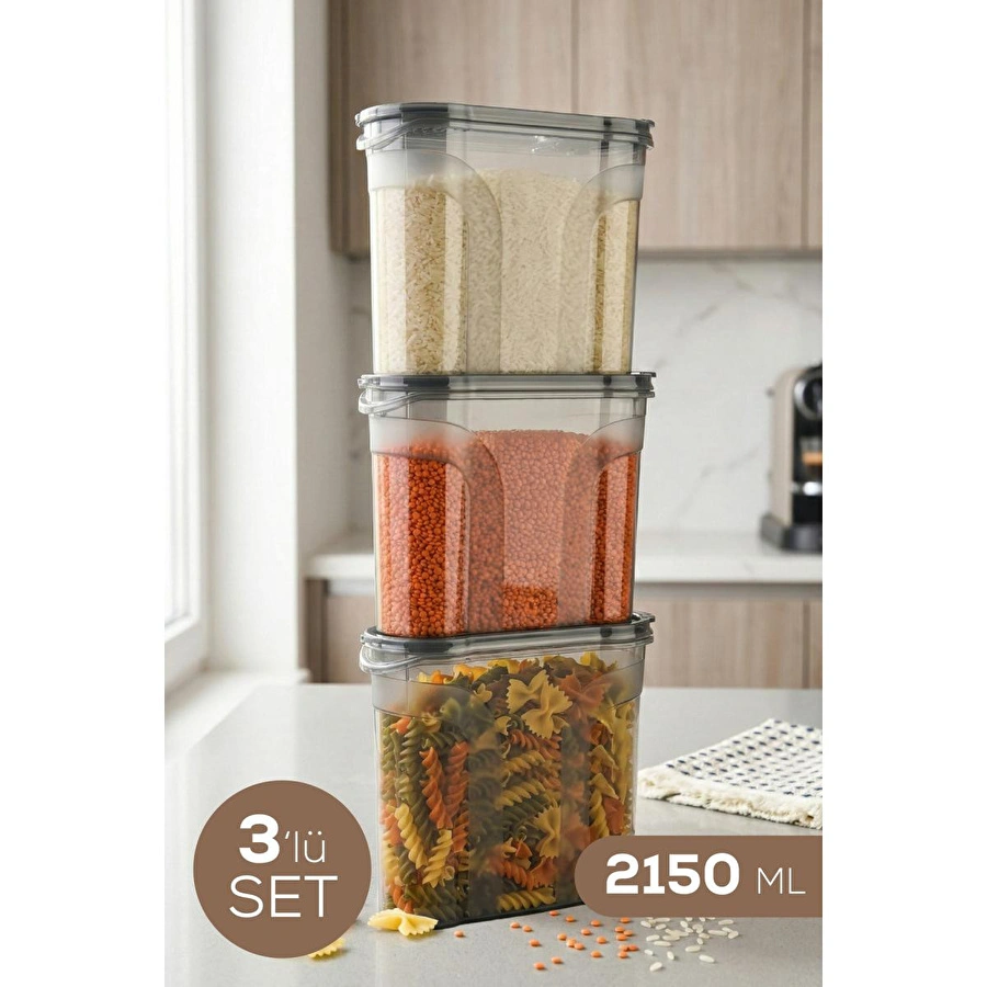 Vienev 3'lü Çift Kapaklı Erzak Saklama Kabı Seti 2150 Ml Antrasit