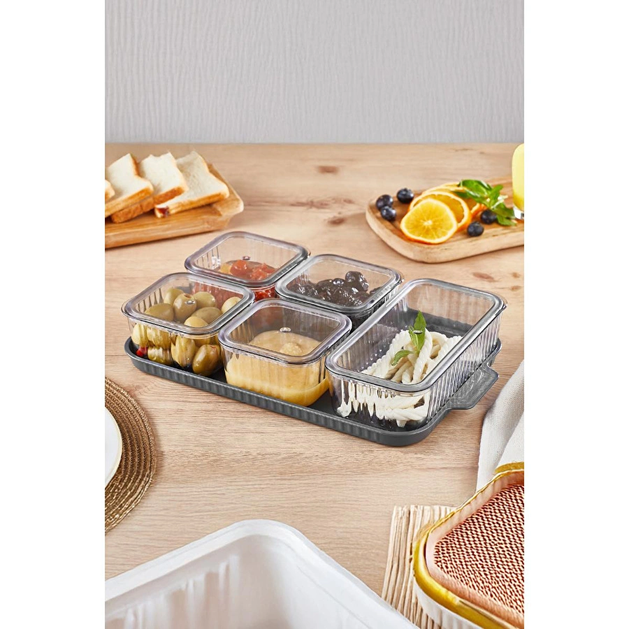 Vienev Akrilik 5 Bölmeli Kahvaltılık Seti Kapaklı Antrasit