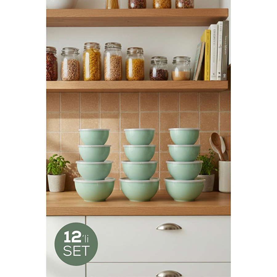 Vienev 12'li Yuvarlak Kase Seti Mint Yeşili | 1l, 1.5l, 2.3l, 3.3l | Kapaklı Mutfak Saklama Kabı