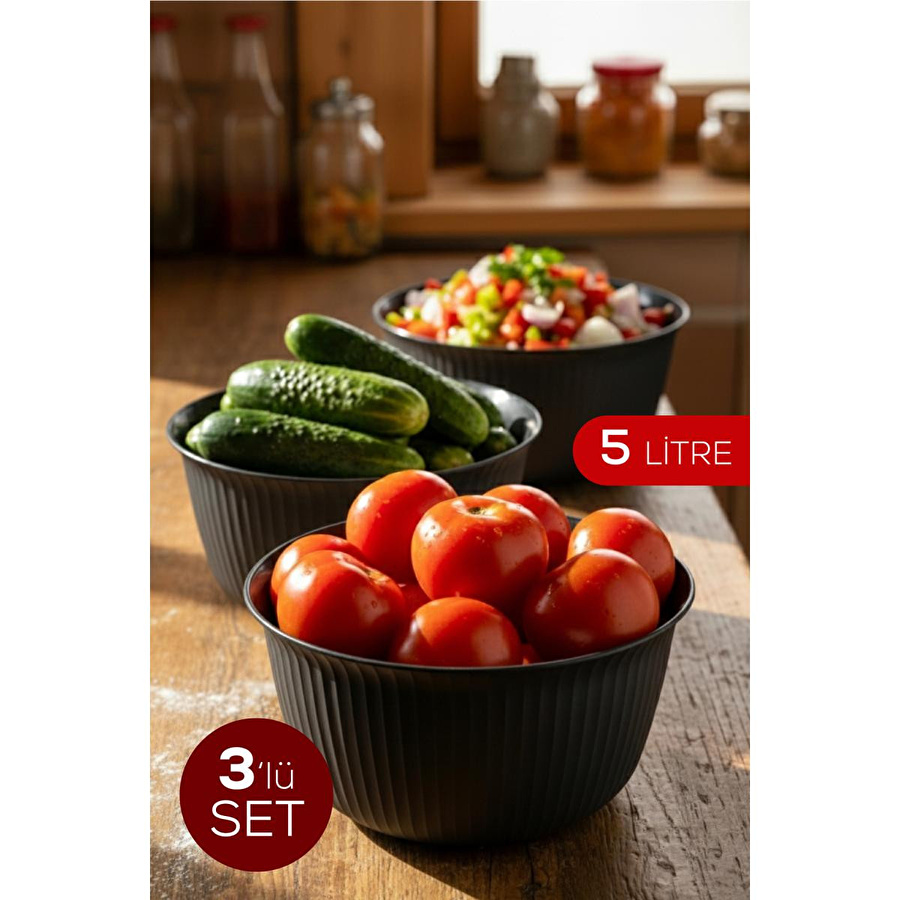 Vienev 3'lü 5 Litre Plastik Karıştırma Ve Saklama Kase Seti Antrasit