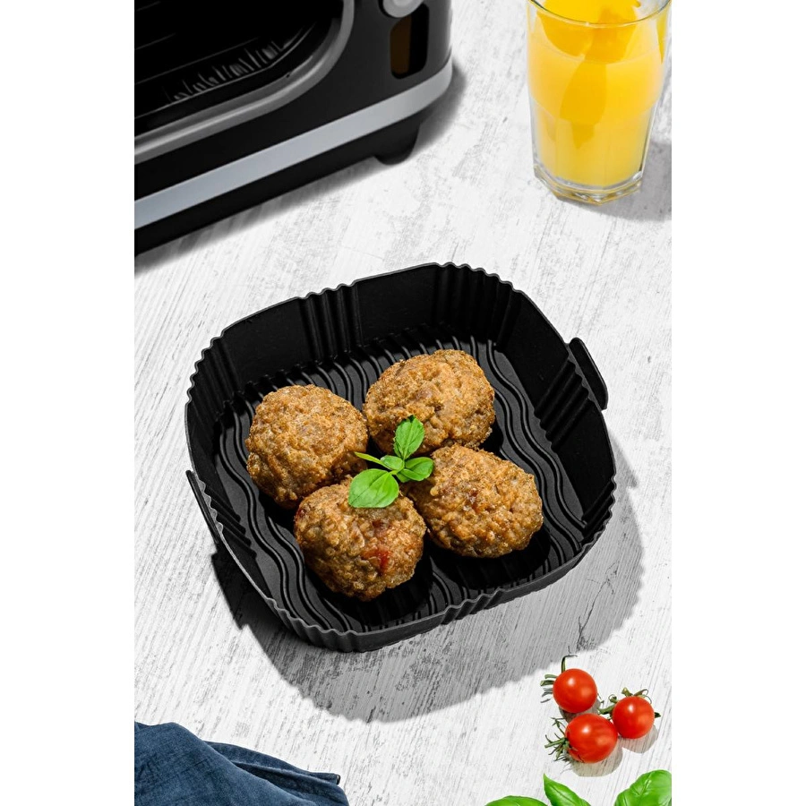 Vienev Kare Silikon Pişirme Kalıbı Hava Fritözü Kalıbı Airfryer Aksesuar Tüm Fritözlere Uyumlu Siyah