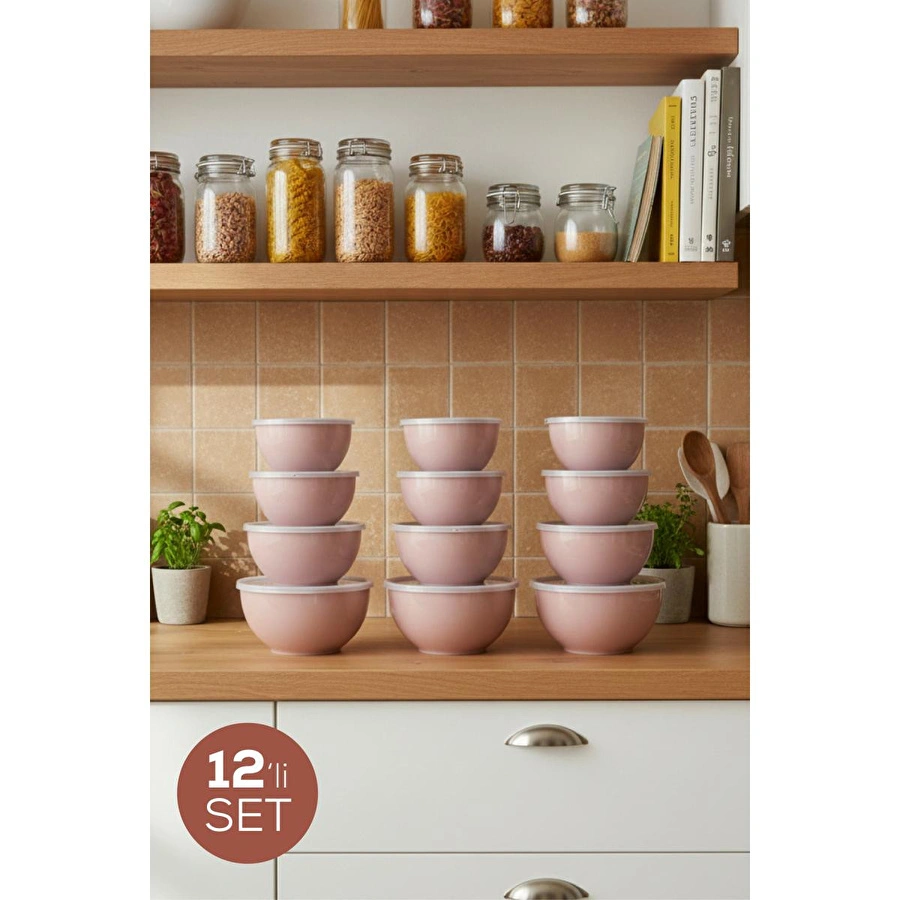 Vienev 12'li Yuvarlak Kase Seti Pembe | 1l, 1.5l, 2.3l, 3.3l | Kapaklı Çok Amaçlı Mutfak Saklama Kabı