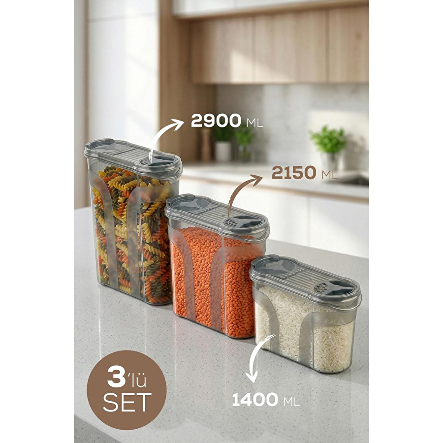 Vienev 3'lü Çift Kapaklı Erzak Saklama Kabı Seti 1x(1400-2150-2900 Ml) Antrasit