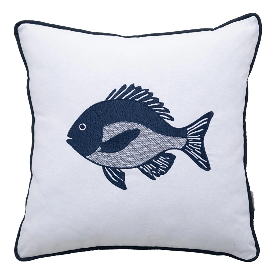 Mudo Home Mari̇n Fish Nakişli Kirlent Beyaz Laci̇vert 50x50 Cm