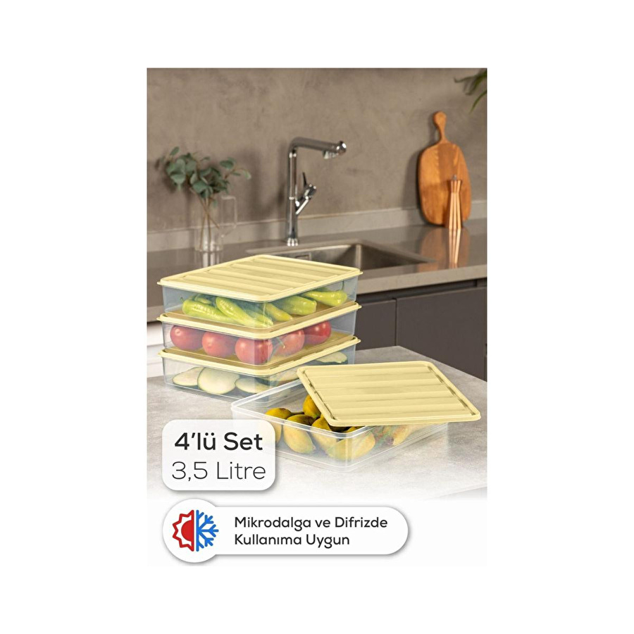 Vienev 4'lü 3,5 Litre Buzdolabı Dondurucu Organizer Mikrodalga Ve Difrize Uygun Saklama Kabı Sarı