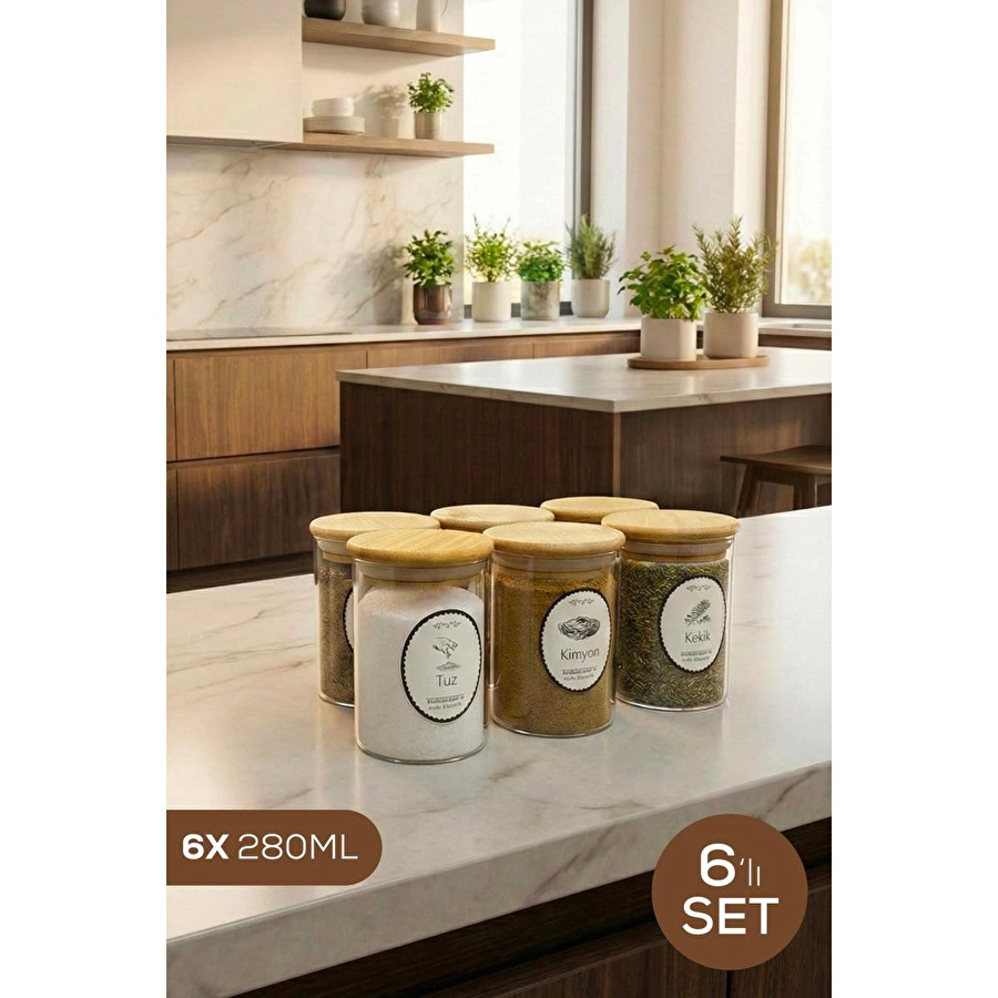 Vienev 6'lı Set Bambu Kapaklı Cam Kavanoz 280 Ml - Etiketli Baharat Düzenleyici Saklama Kabı (6,5x10 Cm)