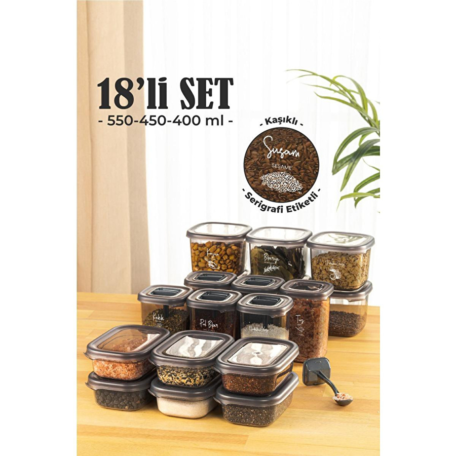 Vienev 18li Baharat Saklama Kabı Seti Avantajlı Paket 6x 0,40, 0,45, 0,55 Litre Etiketli Kaşıklı Süper Set Şeffaf