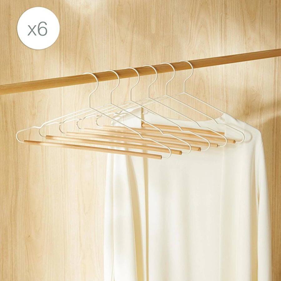Ocean Home Textile 6'lı Ahşap Destekli Ekru Renk Metal Giysi Askısı 19.5 X 42 X 0.34 Cm