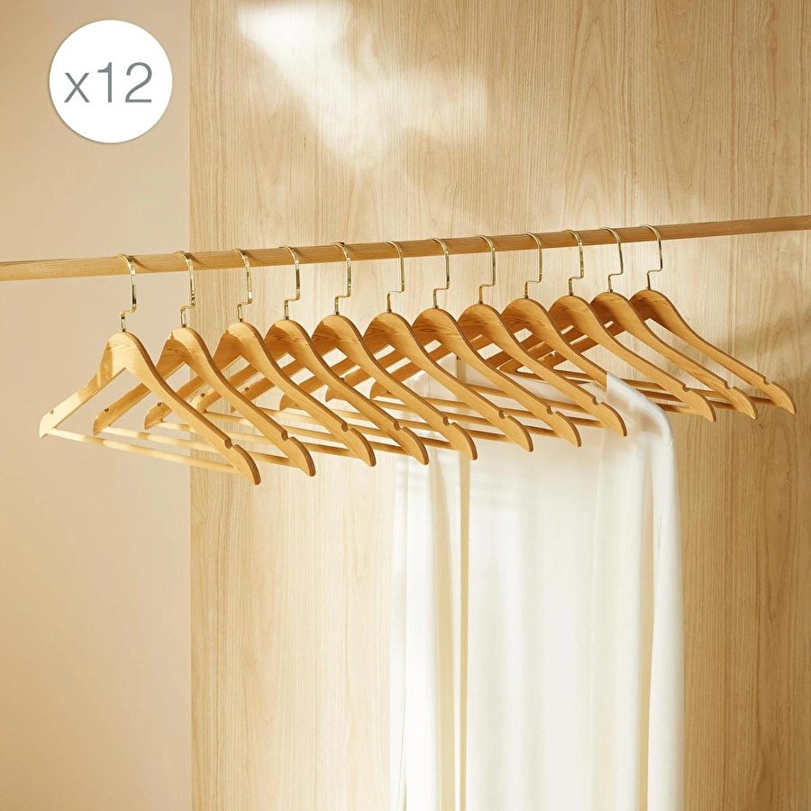 Ocean Home Textile 12'li Altın Kancalı Ahşap Görünümlü Plastik Giysi Askısı 25 X 44.5 X 1 Cm