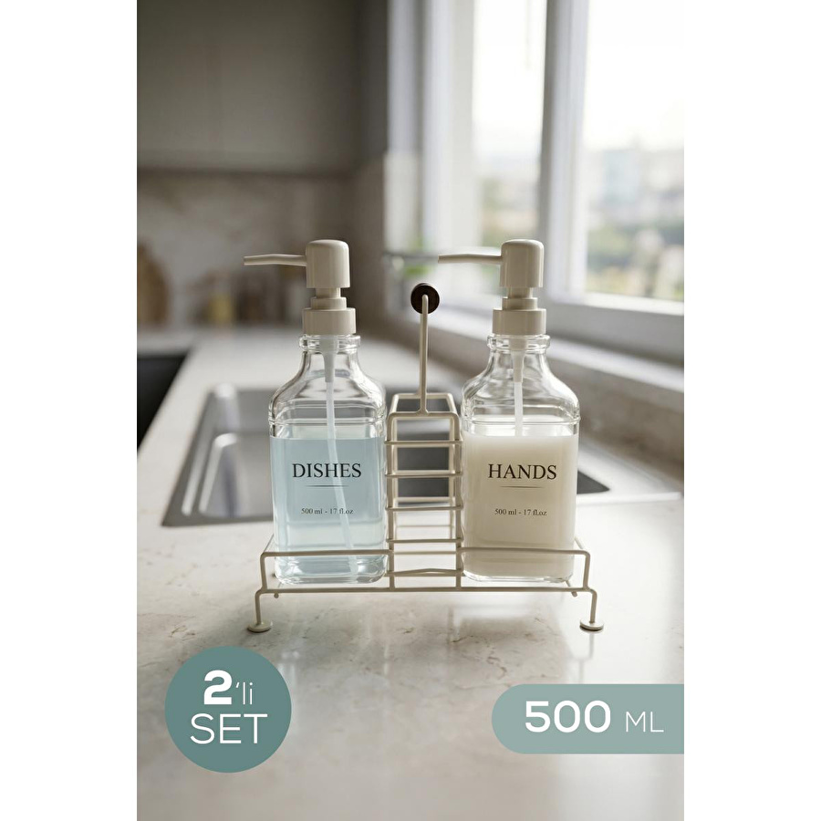 Vienev 2'li Standlı Cam Sabunluk Seti 500 Ml - Mutfak Ve Banyo İçin Şık Dekoratif Pompalı Set