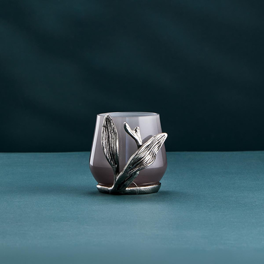 Cornella Ivy Antik Nikel Detaylı Füme Ombreli Cam Şamdan Ağız:7 Cm X Boy:9 Cm