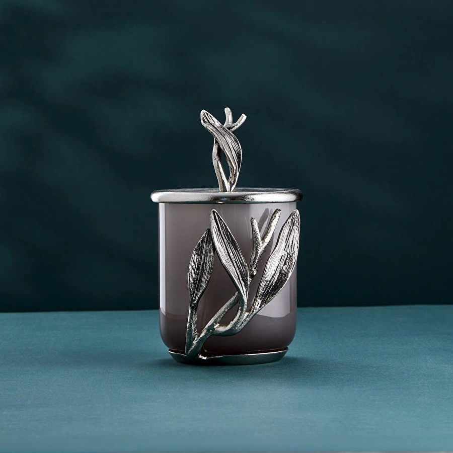 Cornella Ivy Antik Nikel Detaylı Füme Ombreli Cam Kavanoz Küçük Ağız.12 Cm X Boy:14 Cm X Tüm:22 Cm
