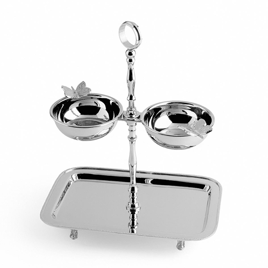 Lucky Art Kelebek Detaylı Katlı Çelik Tepsi Ve Çerezlik Seti