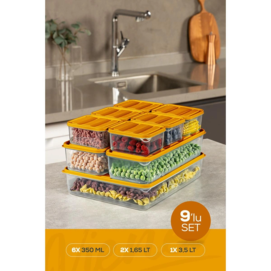 Vienev 9'lu Buzdolabı Dondurucu Organizer Ve Saklama Kabı Turuncu 6x(350ml) 2x(1,65lt) 1x(3,5lt)