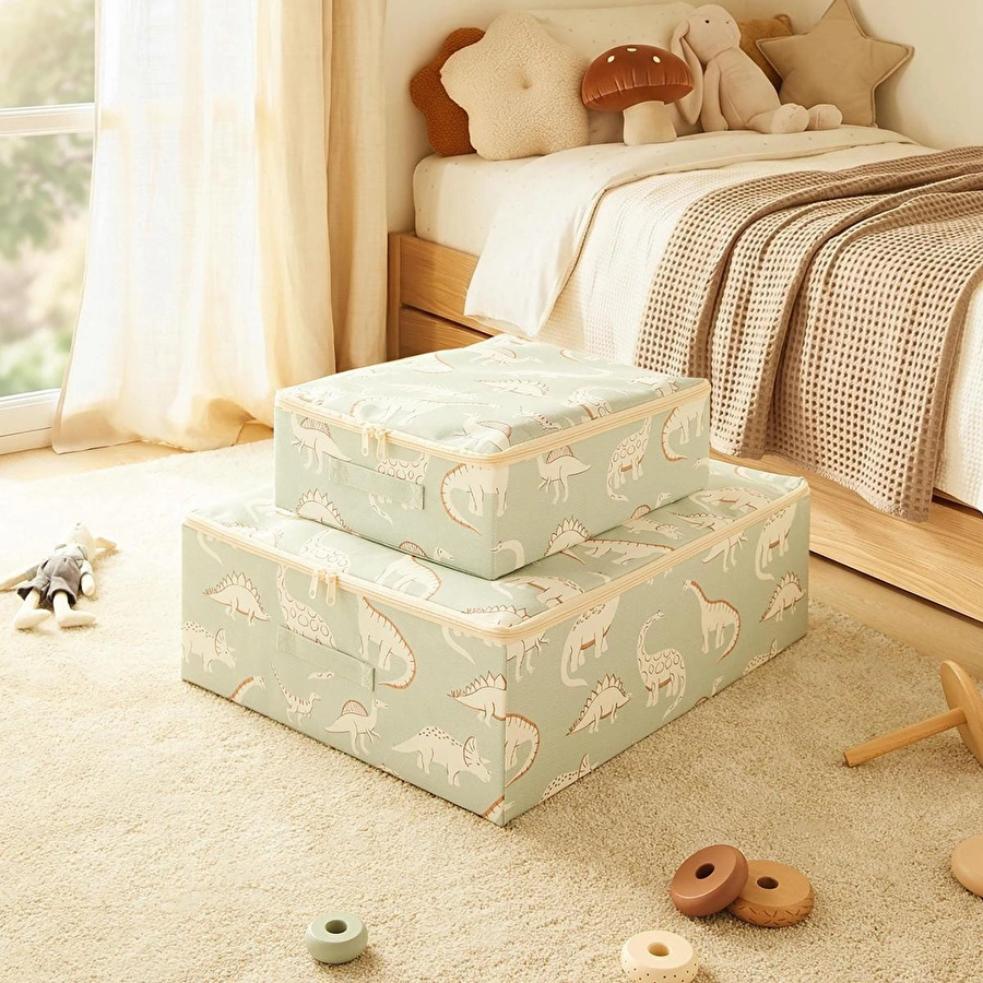 Ocean Home Textile 2'li Çocuk Odası Dinozor Destekli Kutu Hurç 31 X 38 X 12 + 45 X 55 X 18 Cm