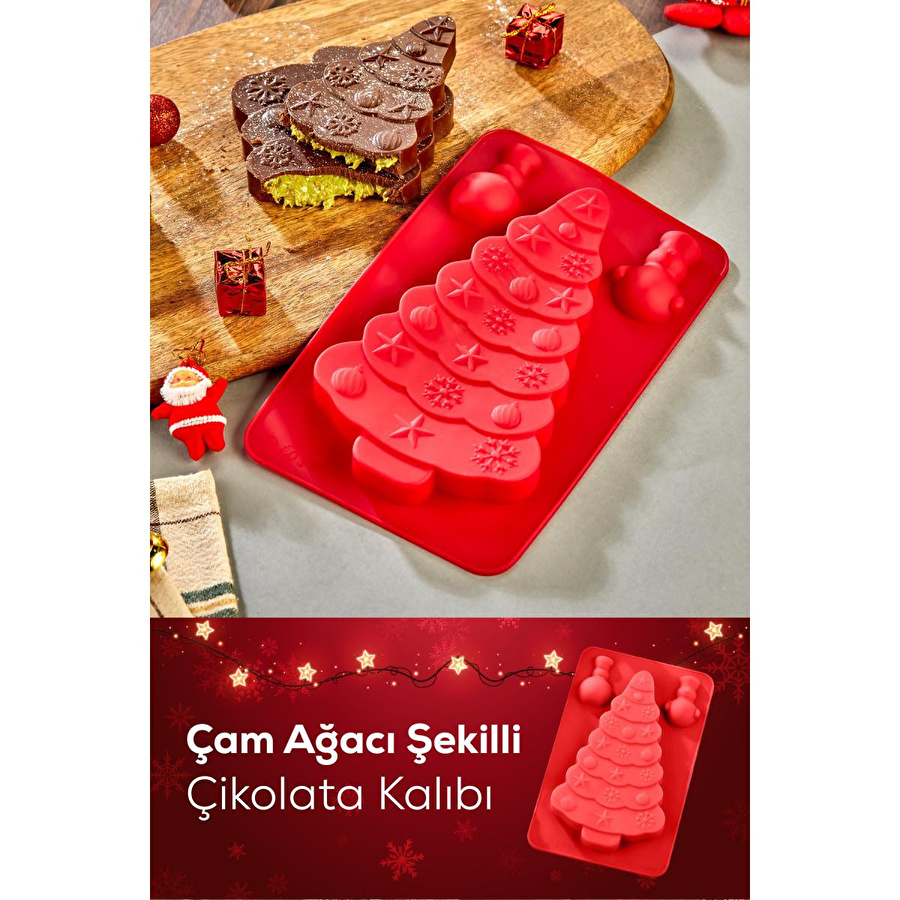 Vienev Yılbaşı Temalı Silikon Çam Ağacı Dubai Çikolatası Kalıbı Kırmızı