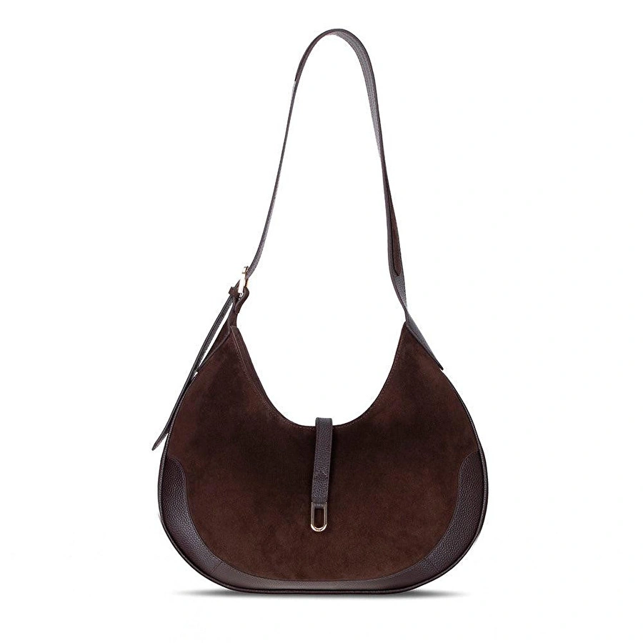 Bloominbag Crescente Walnut Suede Hakiki Deri Kadın Yarım Ay Formlu, El Yapımı Omuz Çantası