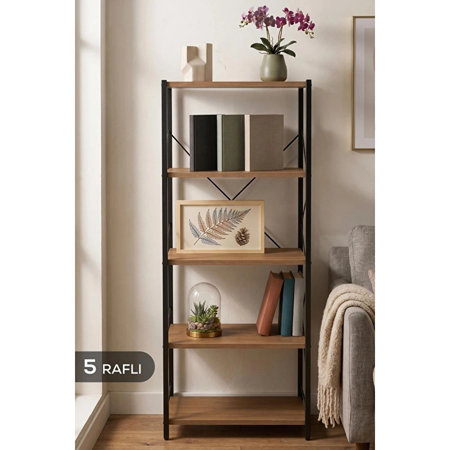 Vienev 5 Raflı Metal Dolap - Metal Ve Ahşap Kitaplık, Mutfak Rafı 150x60 Siyah-ahşap
