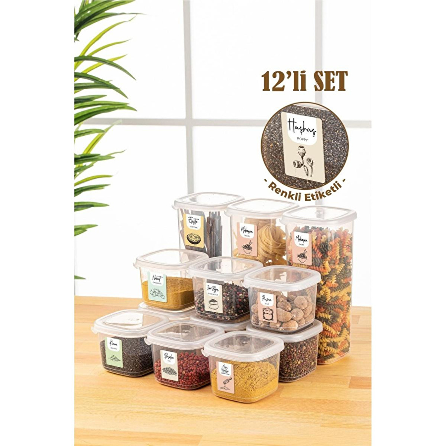 Vienev Renkli Etiketli 12li Set Peggy Kare Erzak Saklama Kabı 9x(0,55 Litre) - 3x(1,75 Litre) Beyaz